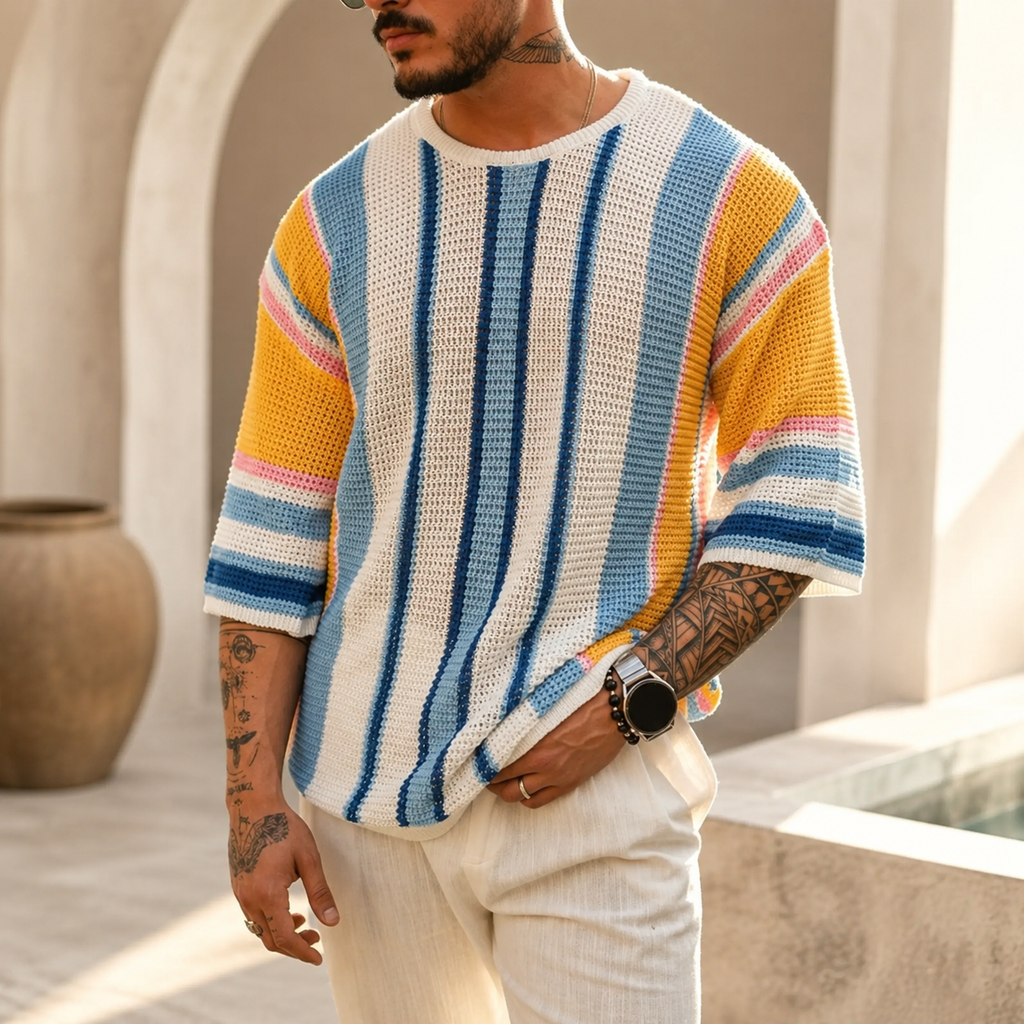 Landon Open-Knit Striped Crewneck T-Shirt