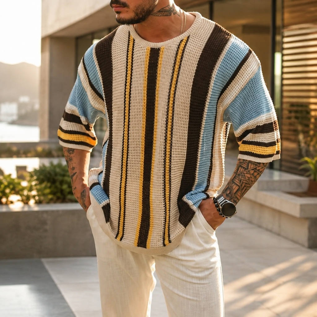 Landon Open-Knit Striped Crewneck T-Shirt