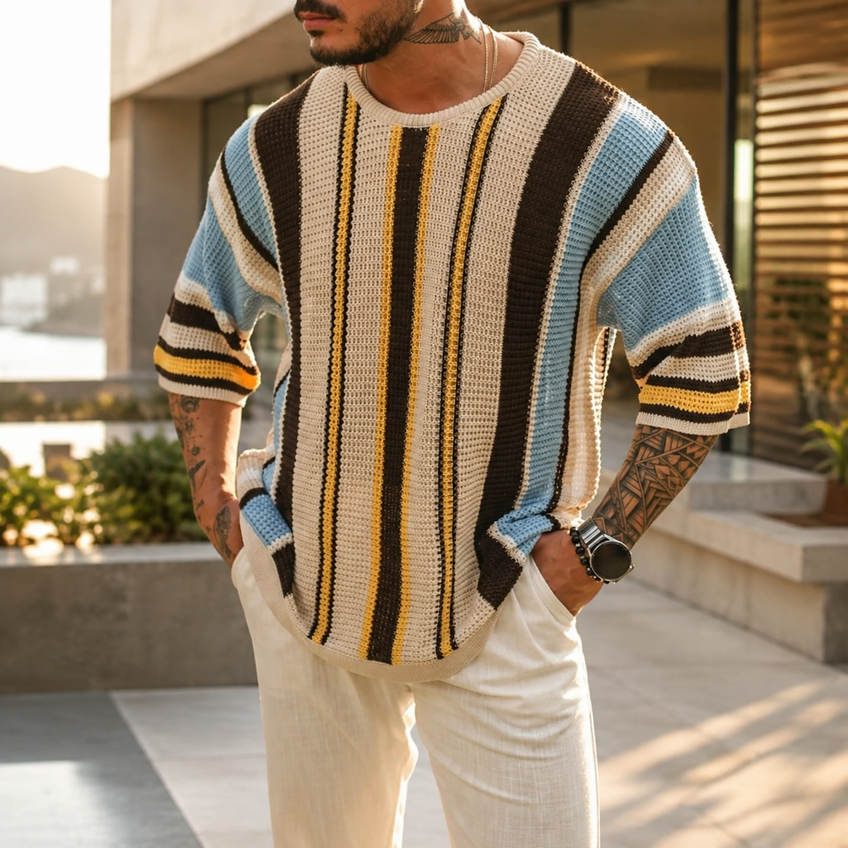 Landon Open-Knit Striped Crewneck T-Shirt