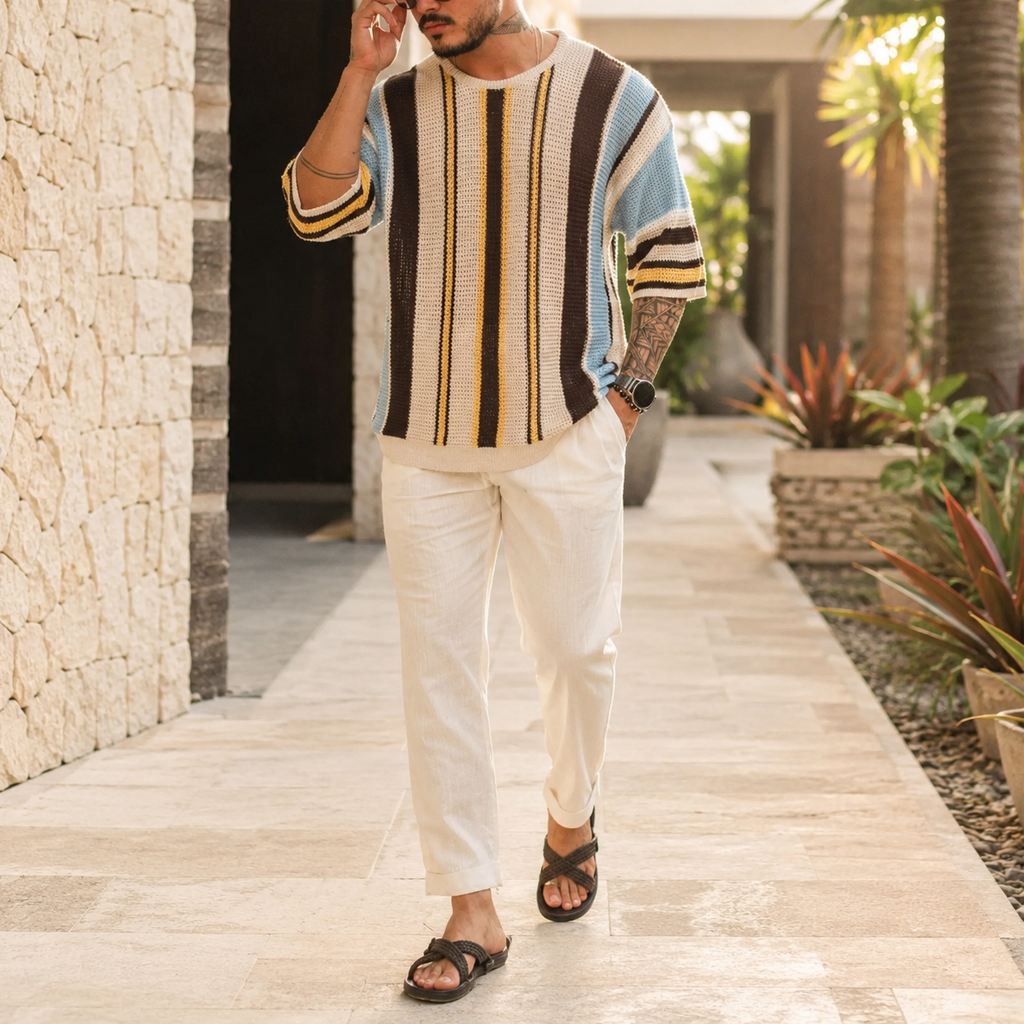 Landon Open-Knit Striped Crewneck T-Shirt
