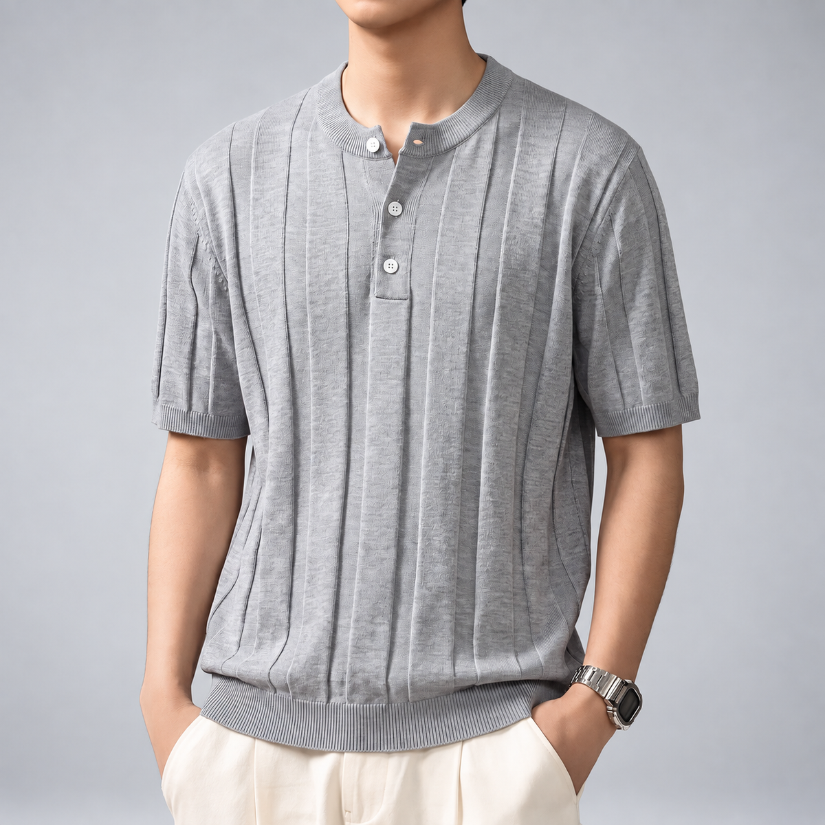 Antonio Men's Three-Button Henley Knit Shirt with Short Sleeves