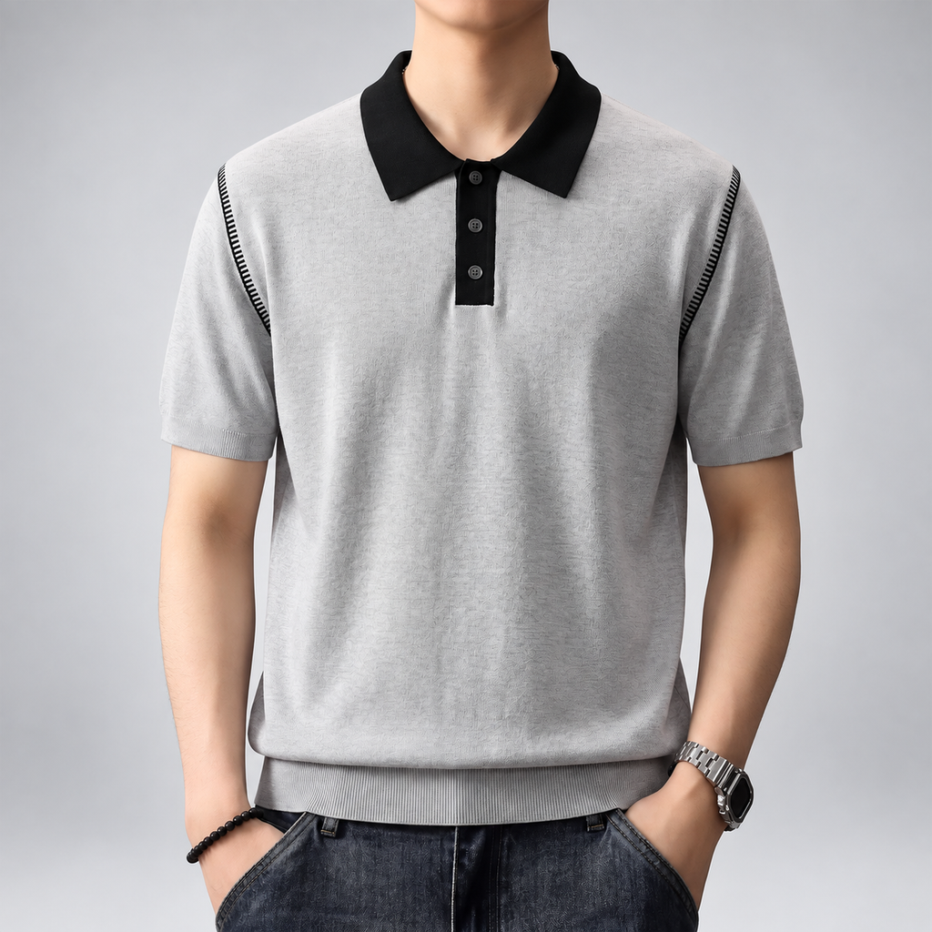 Wilfred Men's Short Sleeve Knit Polo Shirt with Contrast Collar