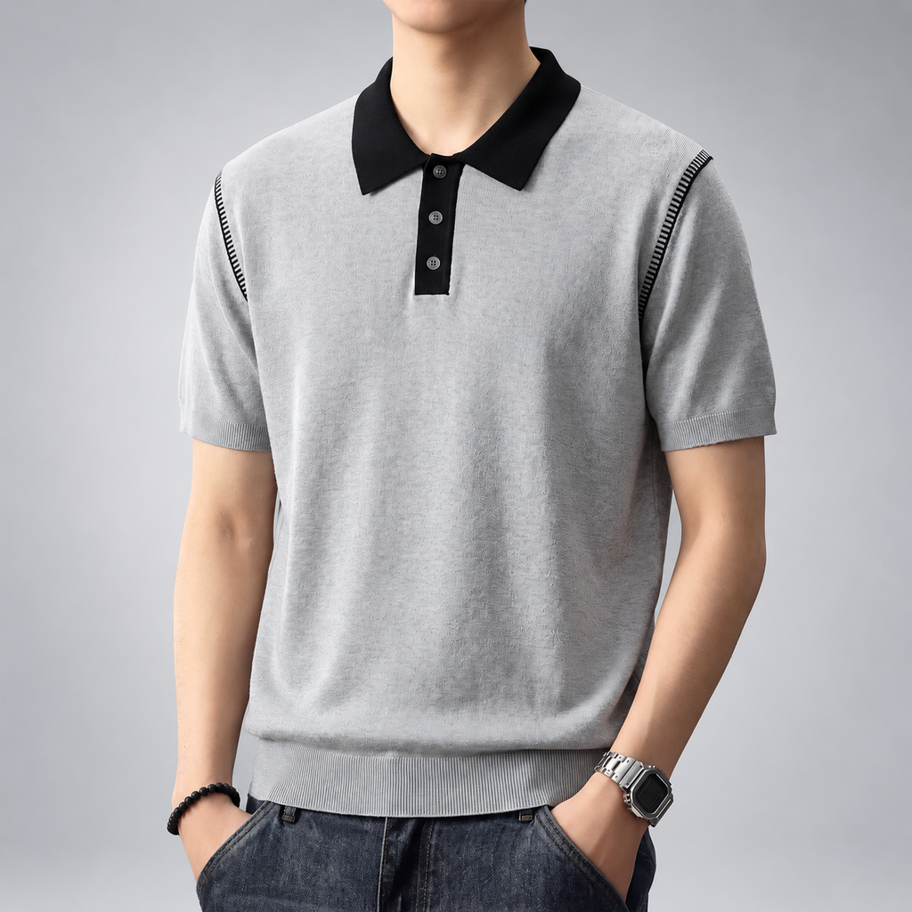 Wilfred Men's Short Sleeve Knit Polo Shirt with Contrast Collar