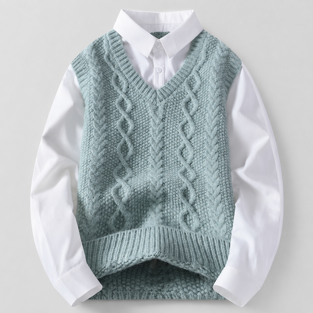 Lorenzo Men’s Cable Knit Vest Layered Shirt