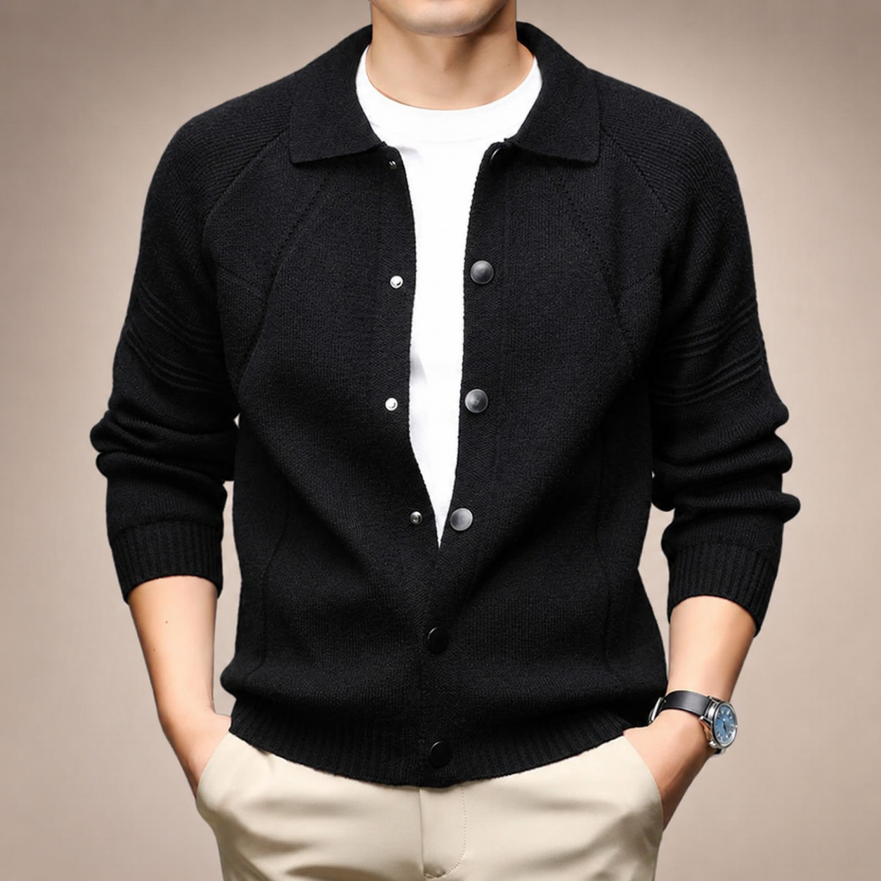 Louis Collared Knit Snap-Front Cardigan Jacket