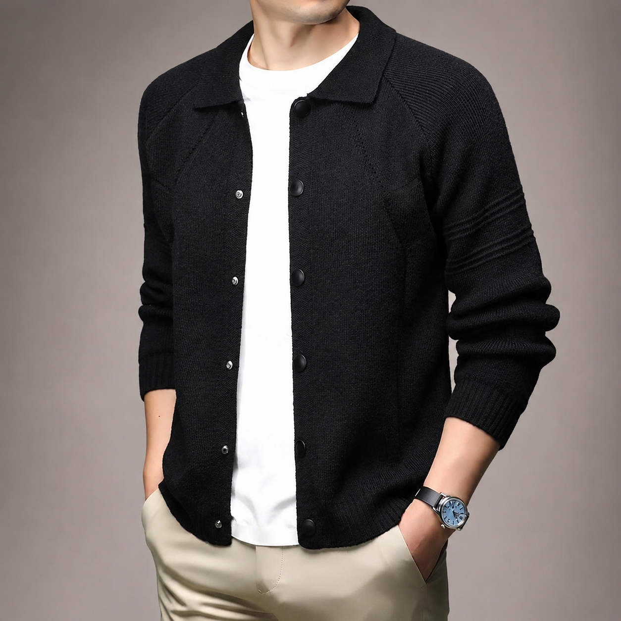 Louis Collared Knit Snap-Front Cardigan Jacket