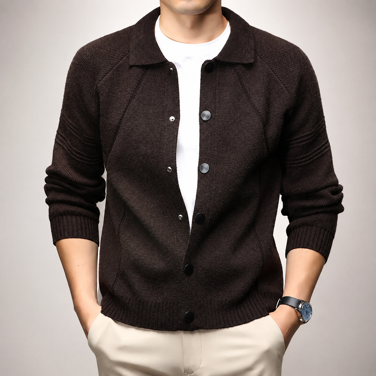 Louis Collared Knit Snap-Front Cardigan Jacket