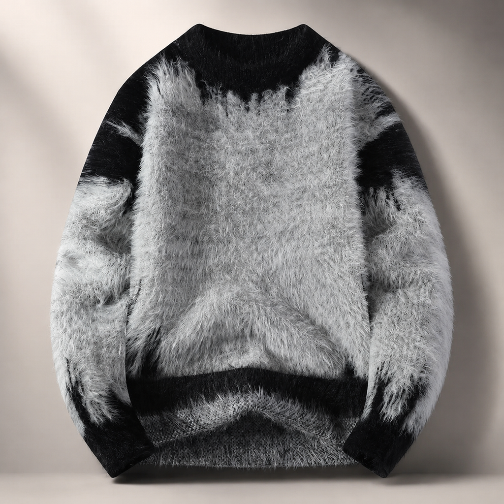Lowen Fuzzy Contrast Color Knit Crewneck Sweater