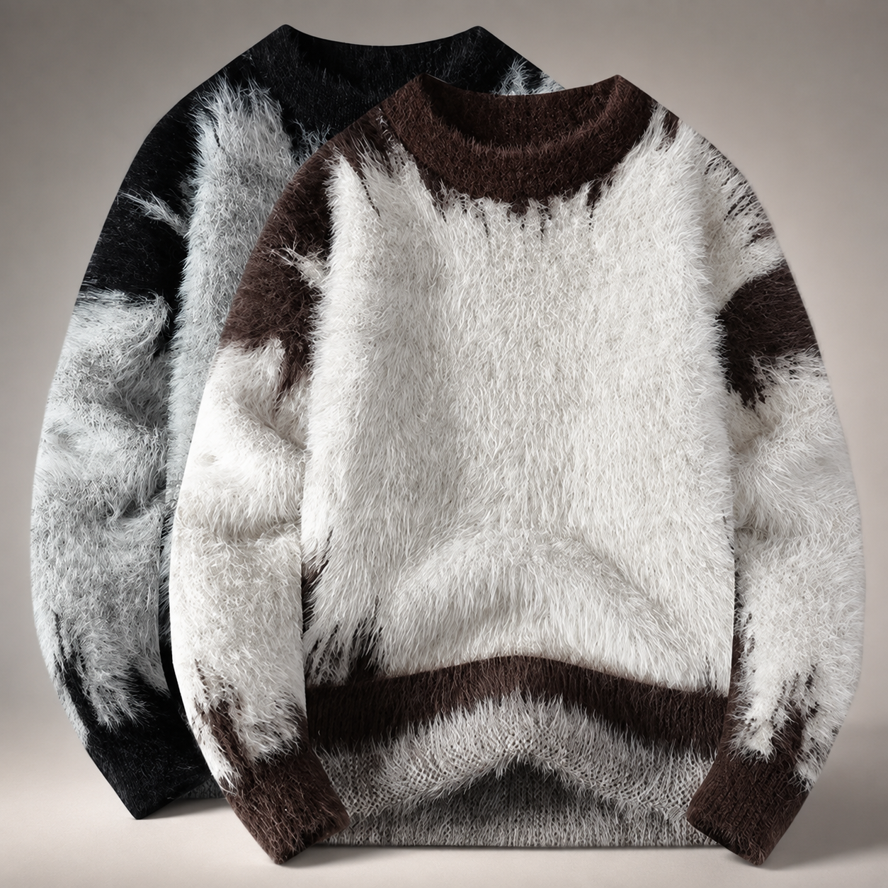 Lowen Fuzzy Contrast Color Knit Crewneck Sweater