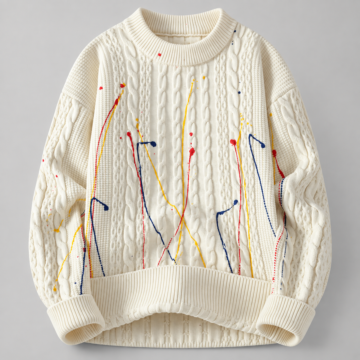 Lucian Men’s Cable Knit Paint-Splatter Crewneck Sweater