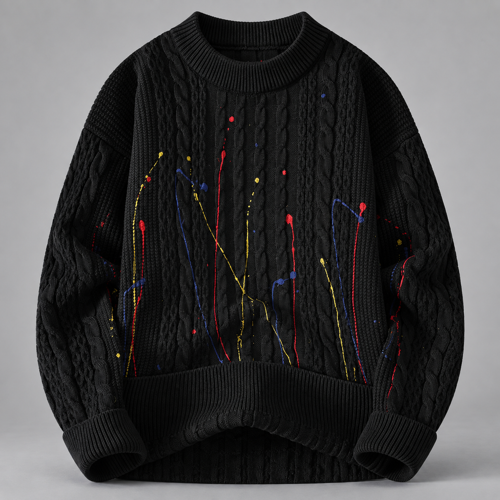 Lucian Men’s Cable Knit Paint-Splatter Crewneck Sweater
