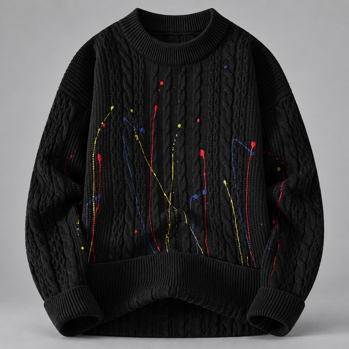 Lucian Men’s Cable Knit Paint-Splatter Crewneck Sweater