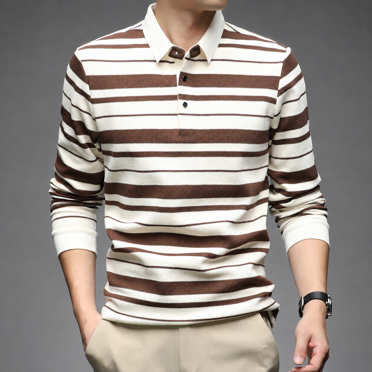 Luciano Knit Collared Striped Long Sleeve Polo Shirt