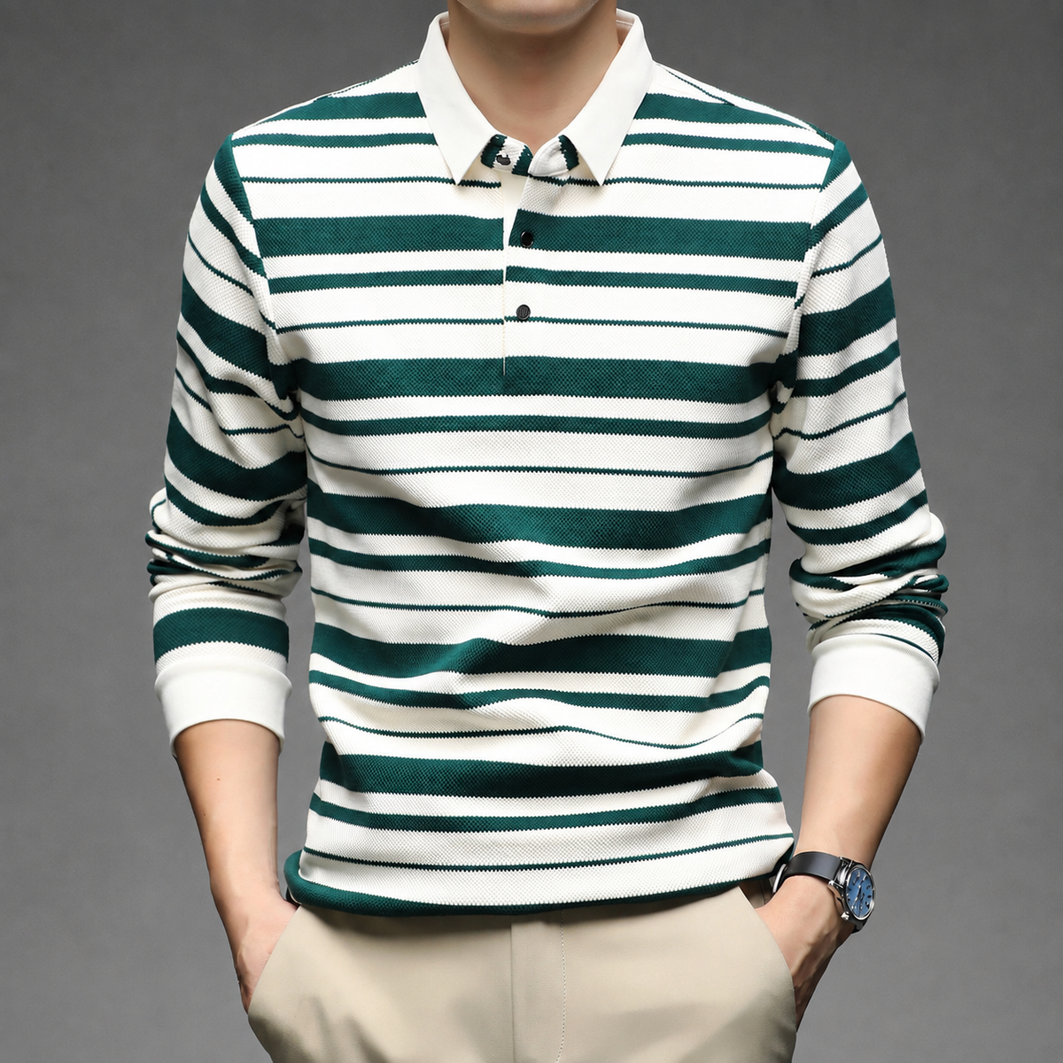 Luciano Knit Collared Striped Long Sleeve Polo Shirt