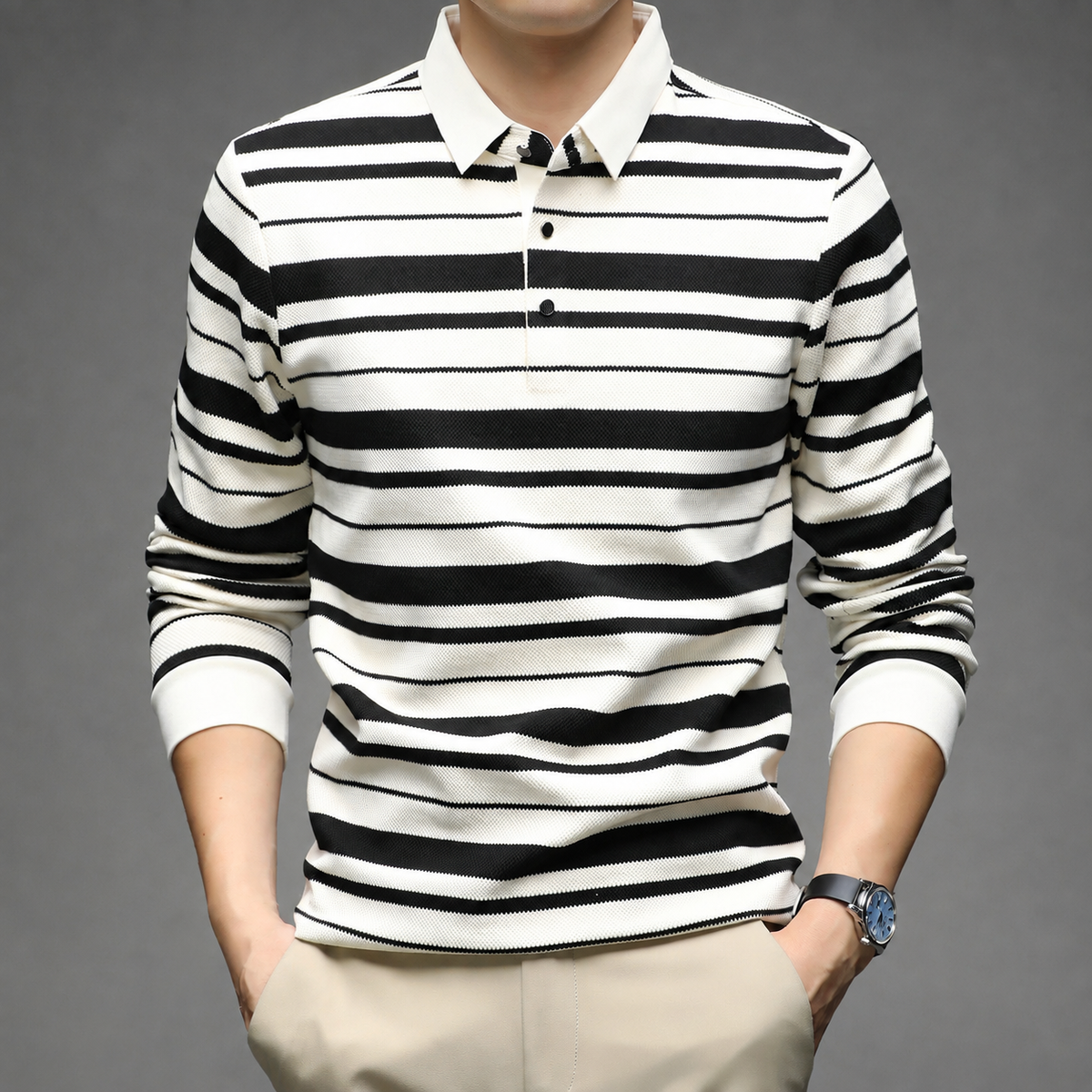 Luciano Knit Collared Striped Long Sleeve Polo Shirt