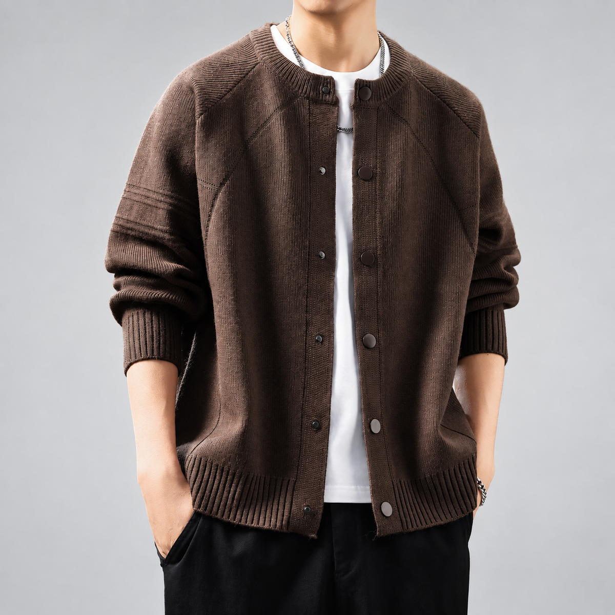 Anselmo Men's Snap-Front Knit Cardigan with Raglan Sleeves