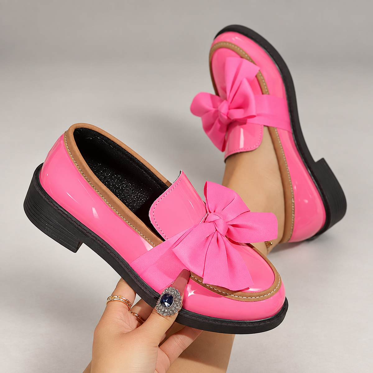 Margot Women’s Patent-Look Bow Loafers with Low Block Heel