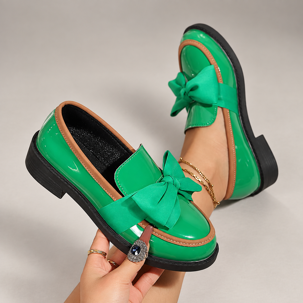 Margot Women’s Patent-Look Bow Loafers with Low Block Heel