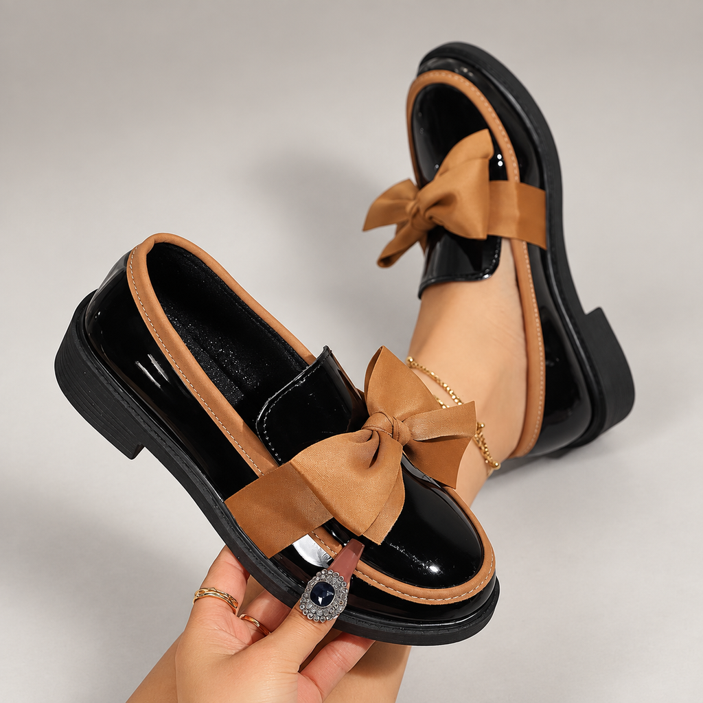 Margot Women’s Patent-Look Bow Loafers with Low Block Heel