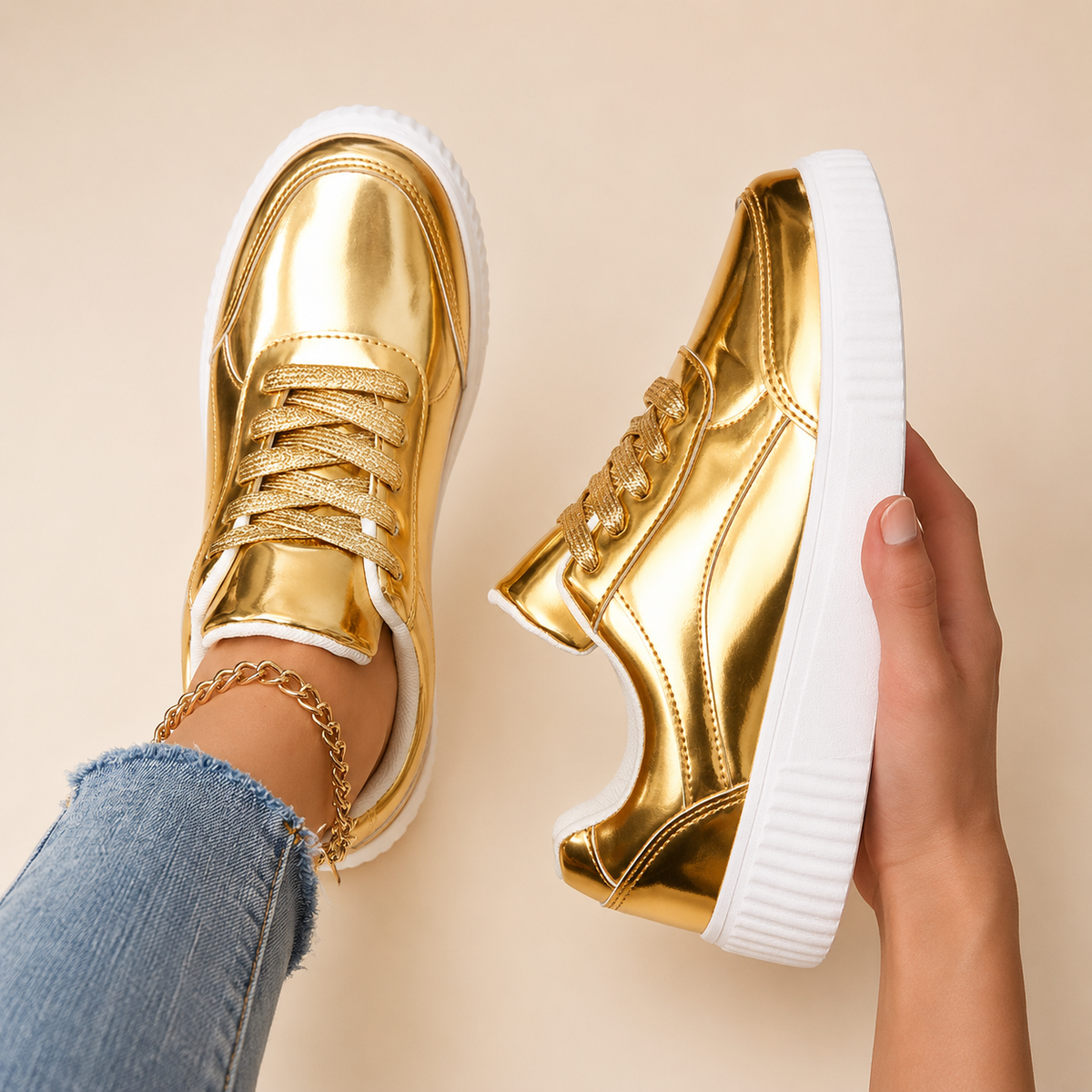Marietta Women’s Metallic Gloss Lace-Up Sneakers