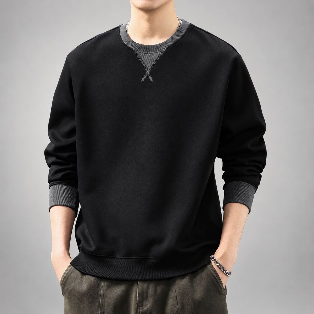 Tobin Ellery Men’s Crewneck Sweatshirt with Contrast Ribbed Trim