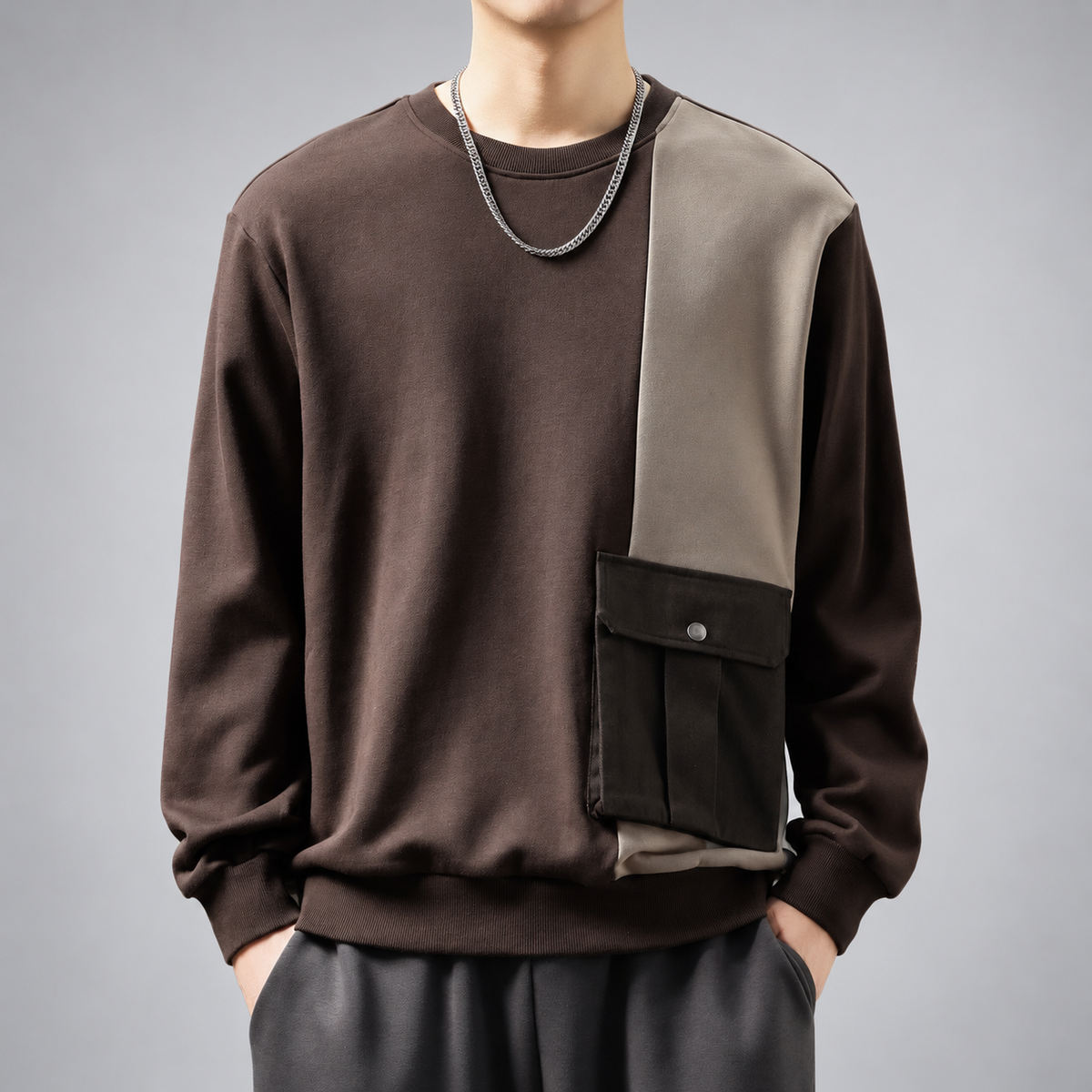 Azure Men's Color Block Crewneck Sweatshirt with Cargo Pocket