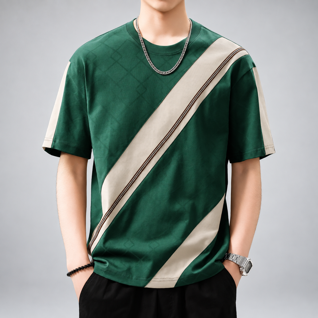 Silvian Men's Relaxed Fit Crewneck T-Shirt with Diagonal Contrast Panels