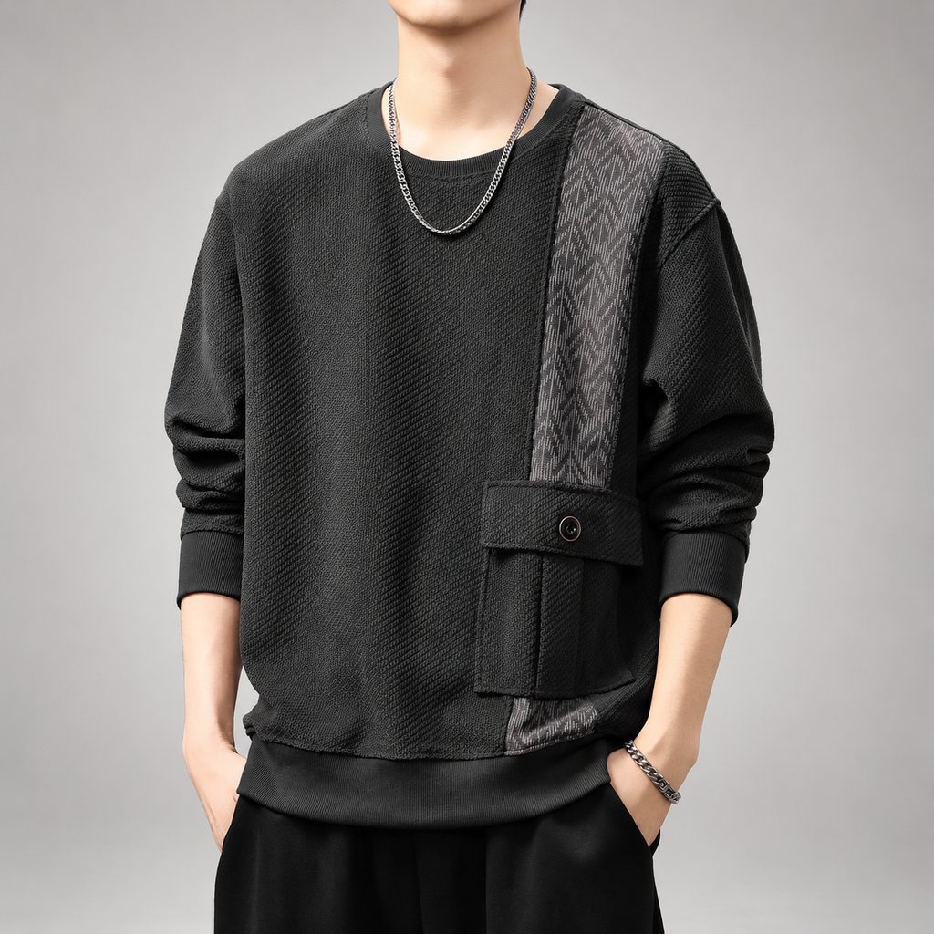 Horizon Men's Textured Crewneck Sweater with Patterned Panel
