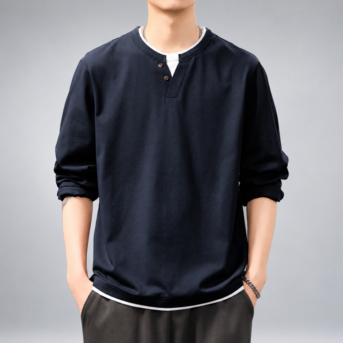 Oswin Men's Long Sleeve Henley Shirt with Two-Button Neckline