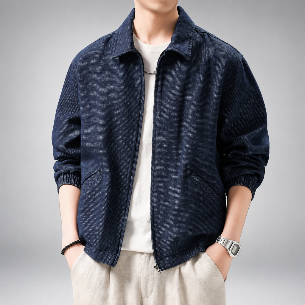 Rexton Men's Navy Collared Jacket with Ribbed Cuffs and Slant Pockets