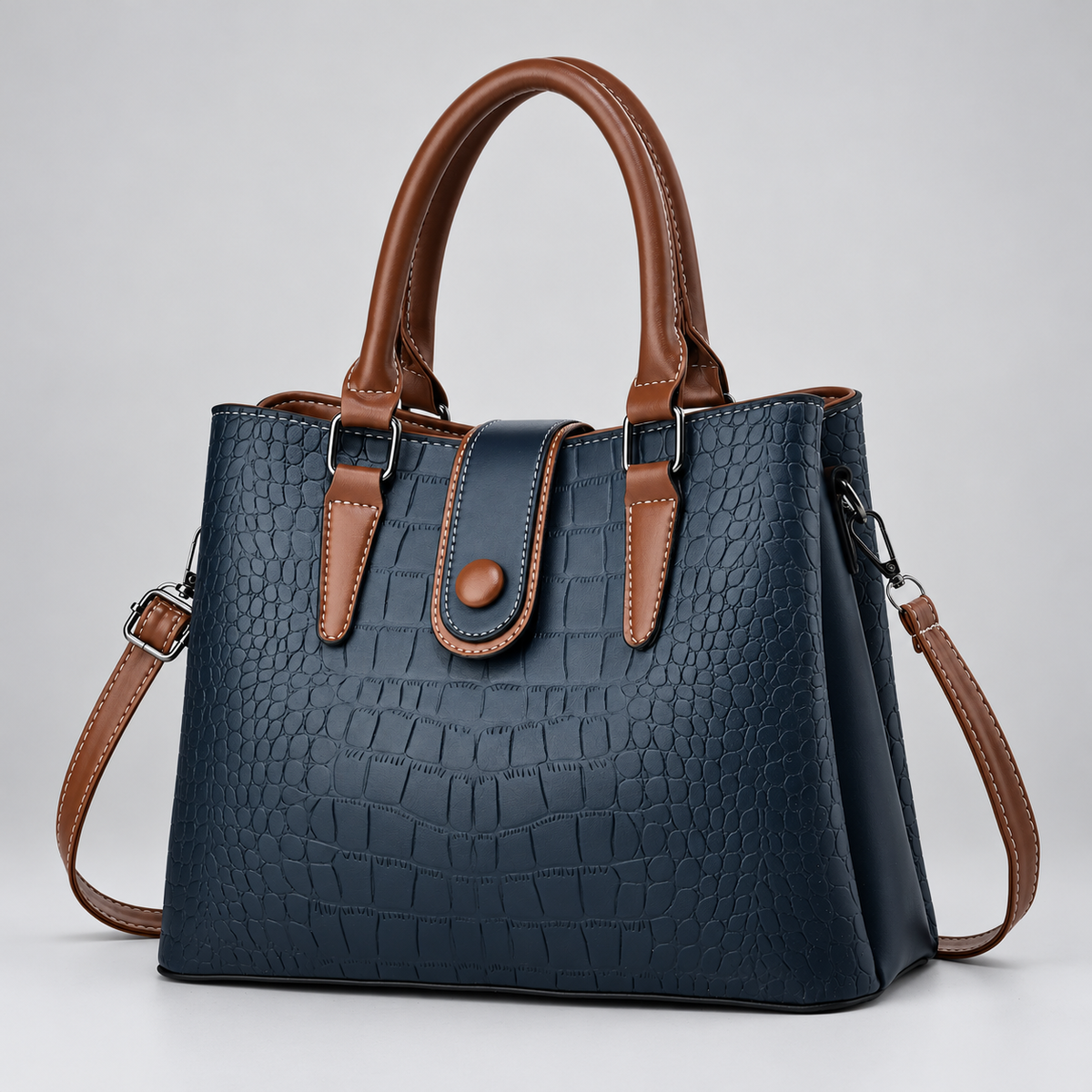 Lucienne Women’s Crocodile-Embossed Satchel Handbag with Brown Handles