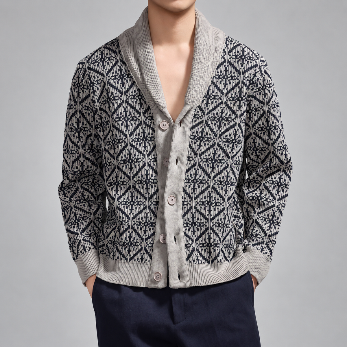 Severin Men's Diamond Pattern Shawl Collar Cardigan