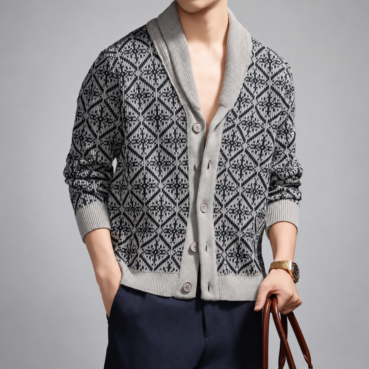 Severin Men's Diamond Pattern Shawl Collar Cardigan
