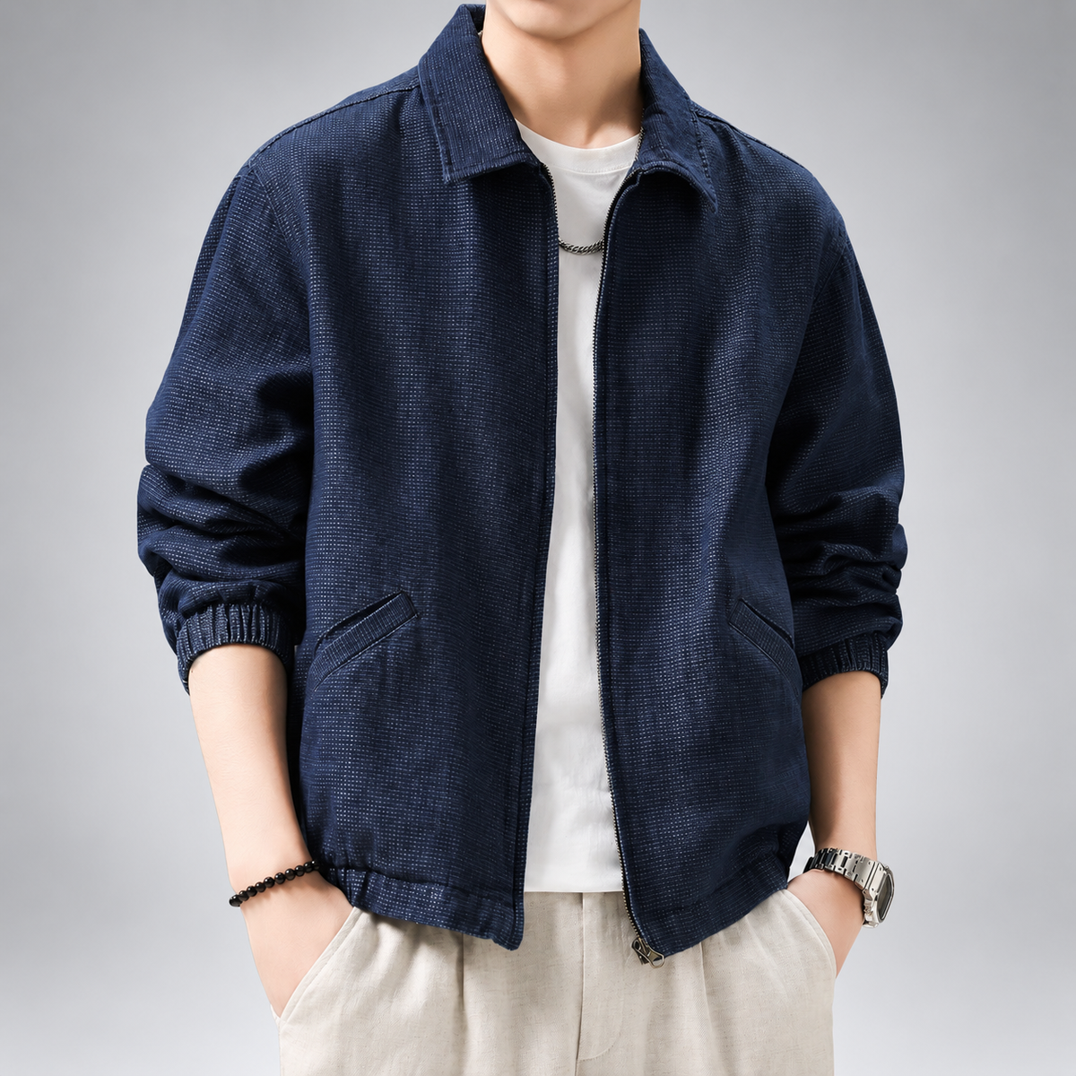 Rexton Men's Navy Collared Jacket with Ribbed Cuffs and Slant Pockets