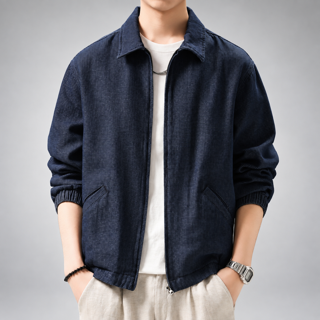 Rexton Men's Navy Collared Jacket with Ribbed Cuffs and Slant Pockets