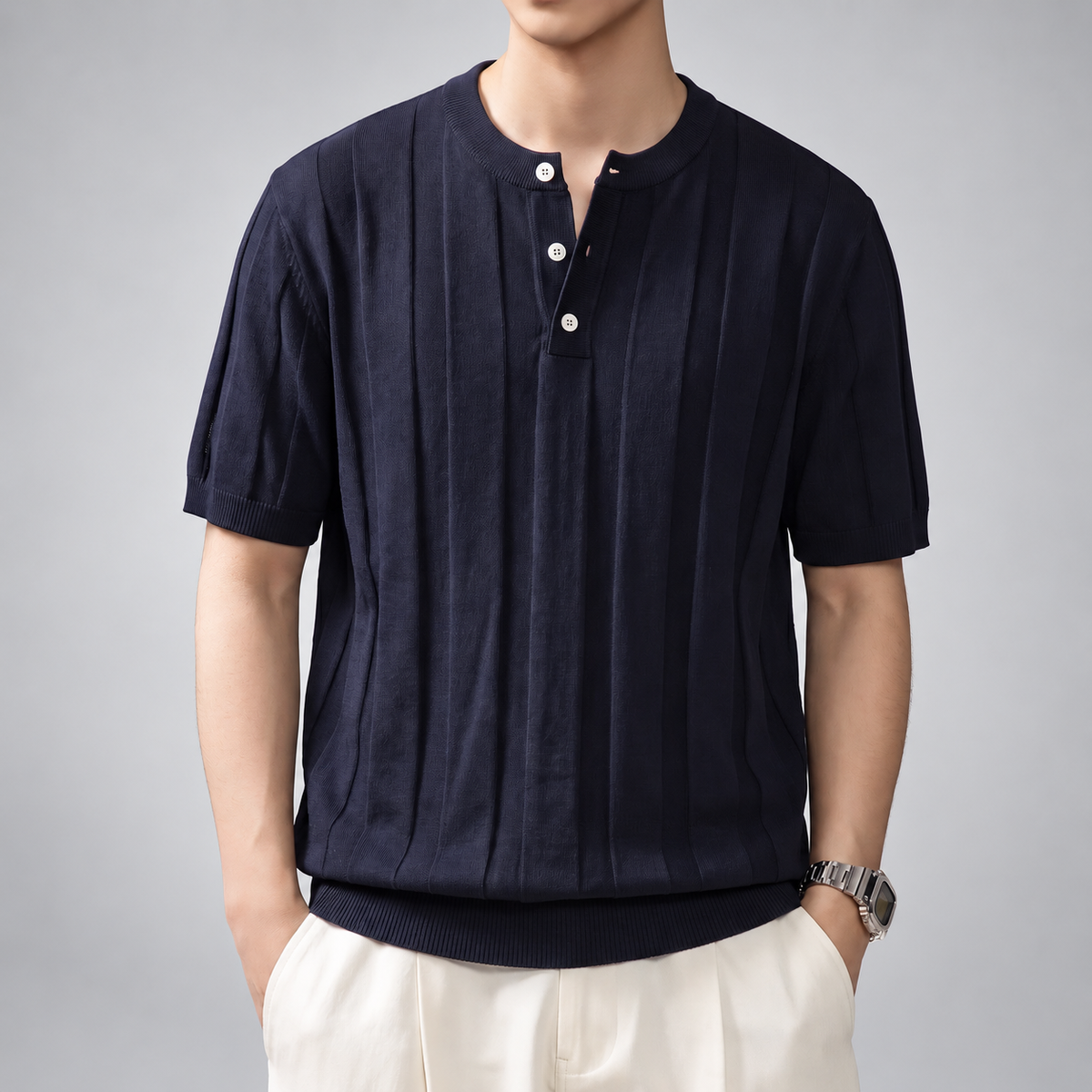 Antonio Men's Three-Button Henley Knit Shirt with Short Sleeves