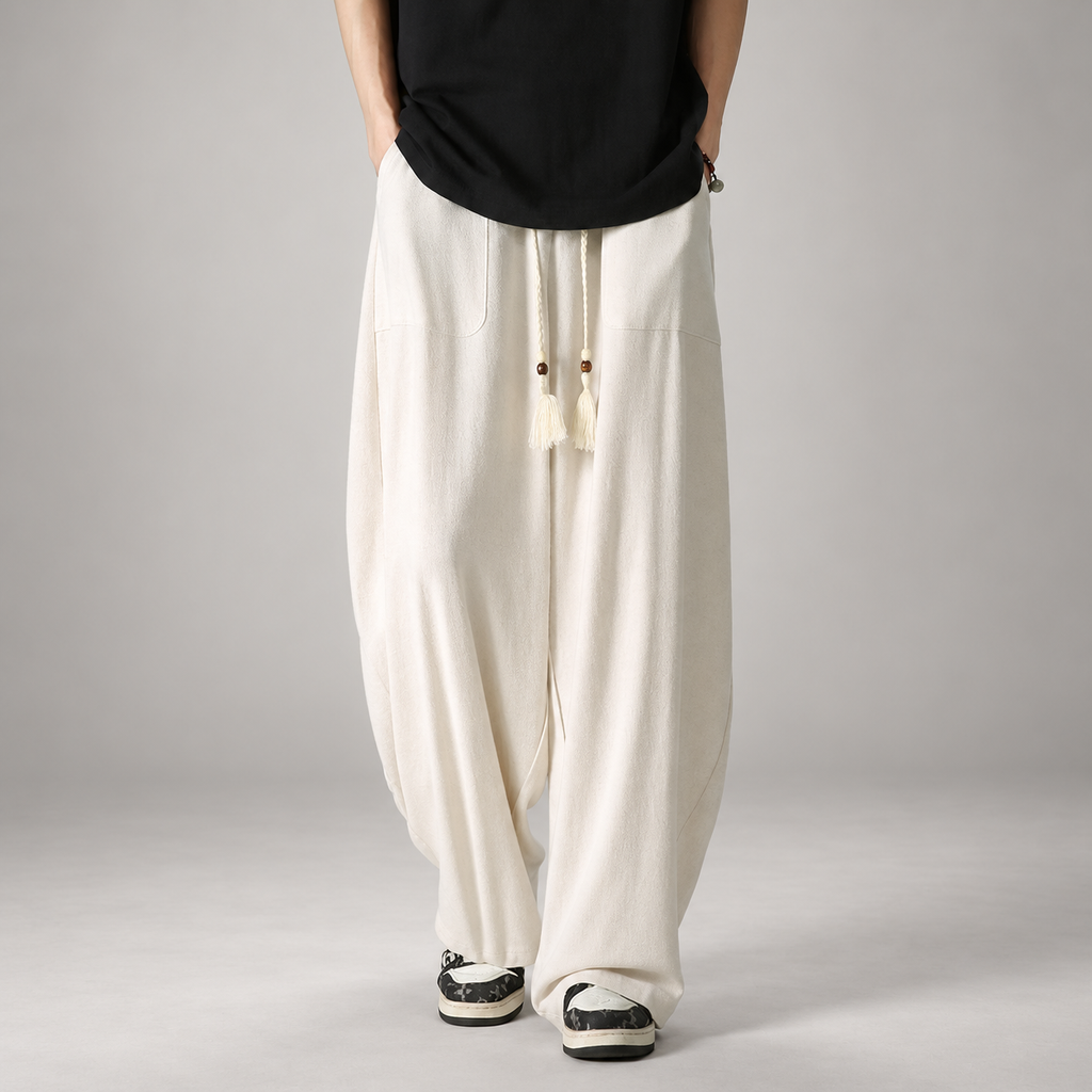 Nico Men’s Extra Wide-Leg Pants with Tassel Drawstring