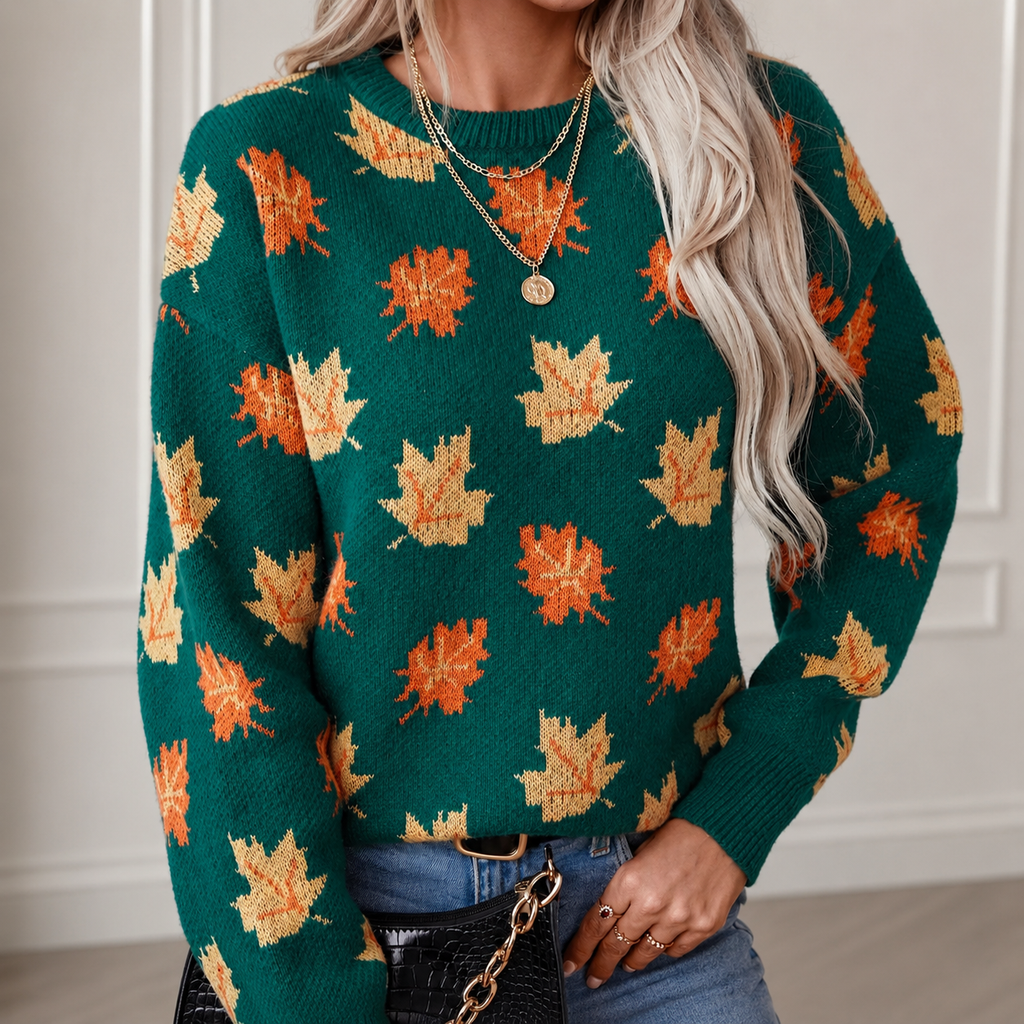 Noelle Women's Maple Leaf Knit Sweater – Soft Crewneck Fall Pullover