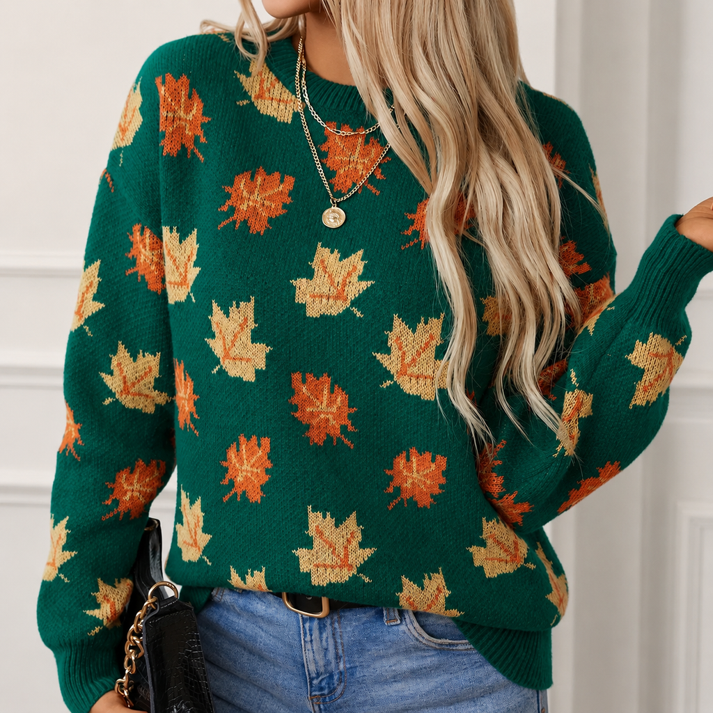 Noelle Women's Maple Leaf Knit Sweater – Soft Crewneck Fall Pullover