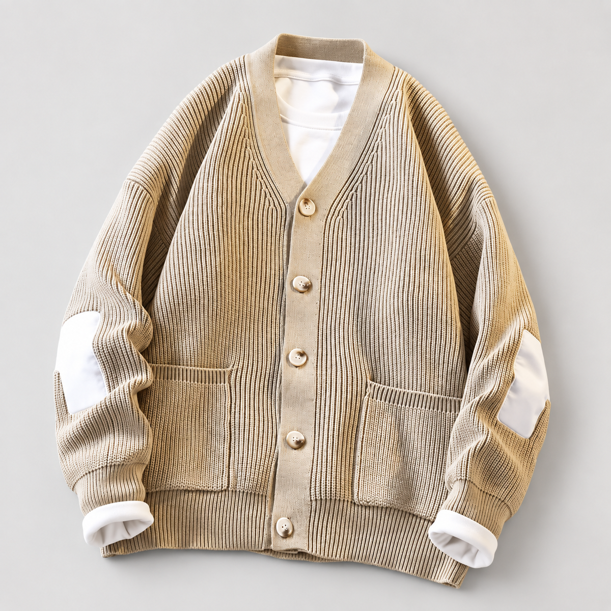Oscar Men’s Ribbed V-Neck Cardigan with Contrast Elbow Patches