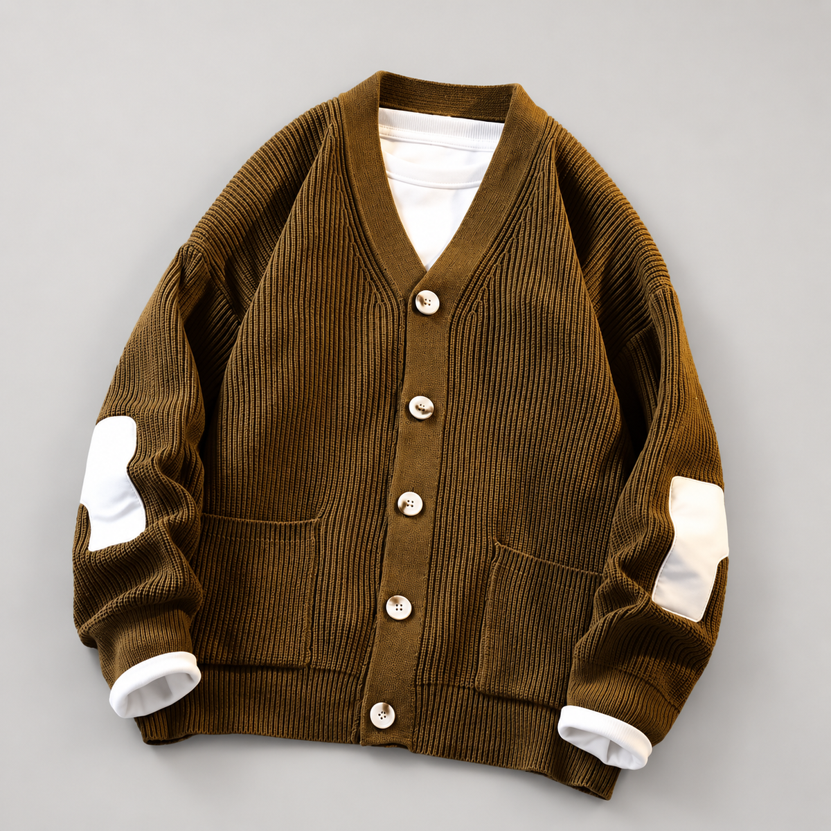 Oscar Men’s Ribbed V-Neck Cardigan with Contrast Elbow Patches