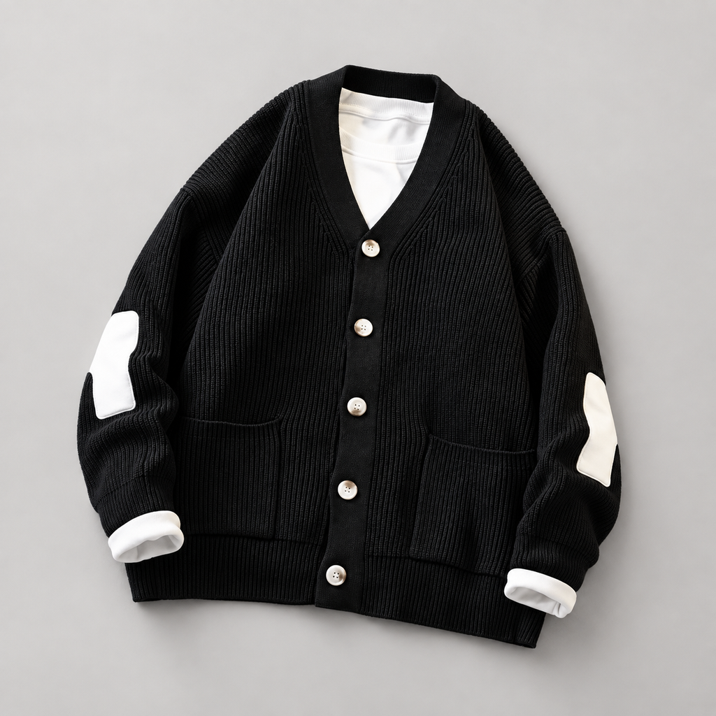Oscar Men’s Ribbed V-Neck Cardigan with Contrast Elbow Patches