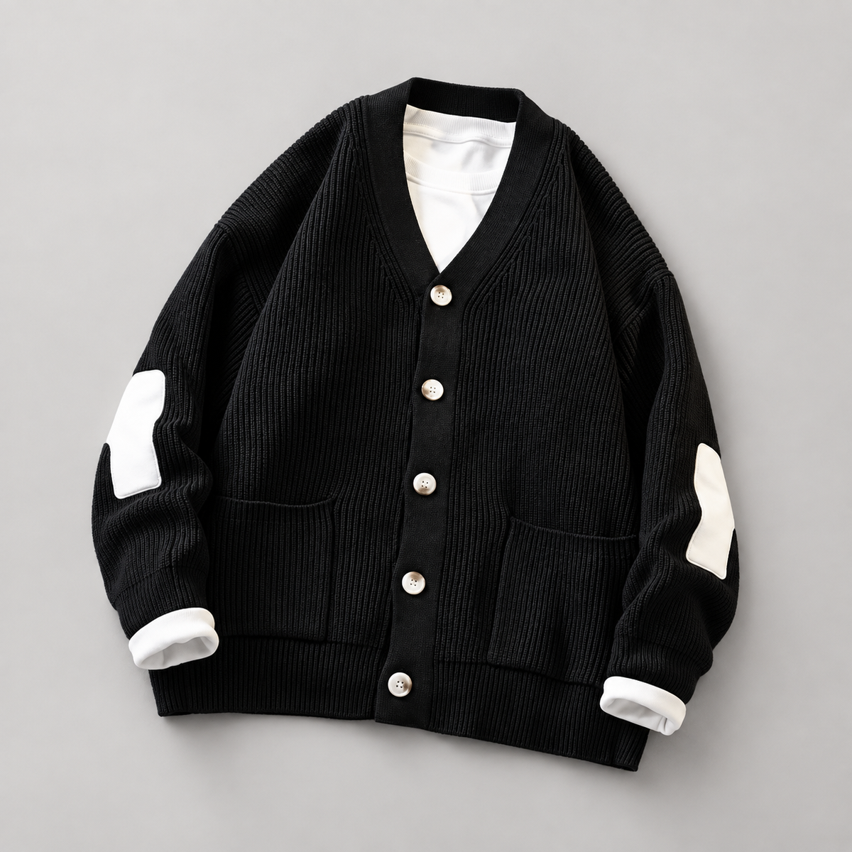 Oscar Men’s Ribbed V-Neck Cardigan with Contrast Elbow Patches