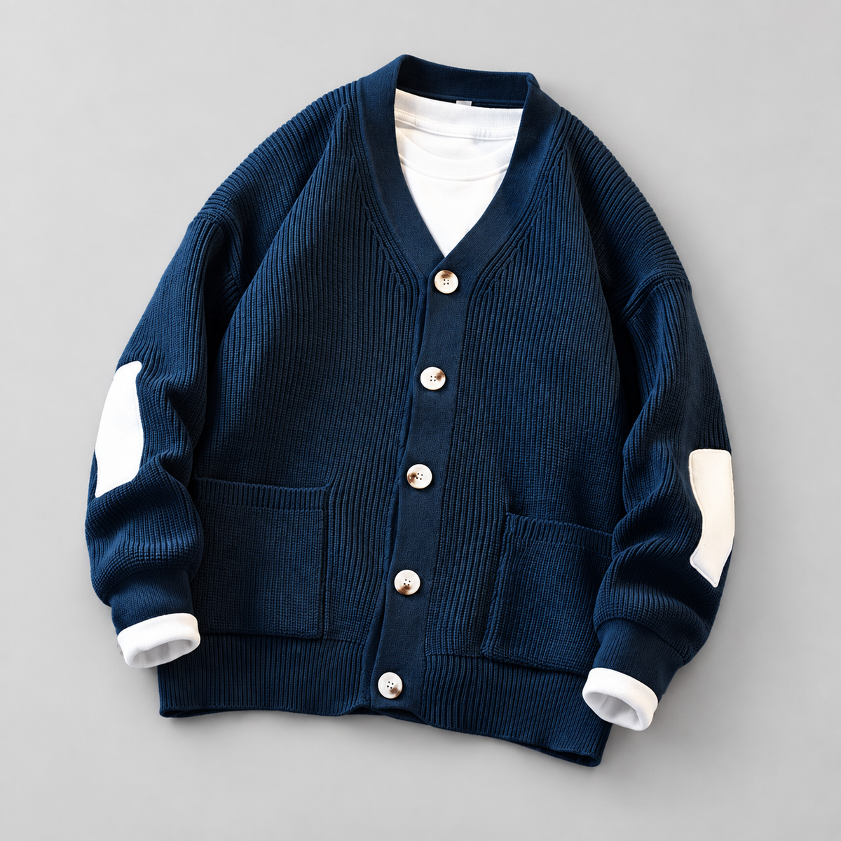 Oscar Men’s Ribbed V-Neck Cardigan with Contrast Elbow Patches