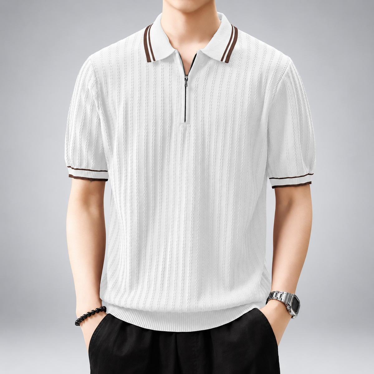 Adrian Men's Textured Knit Quarter-Zip Polo Shirt with Contrast Trim