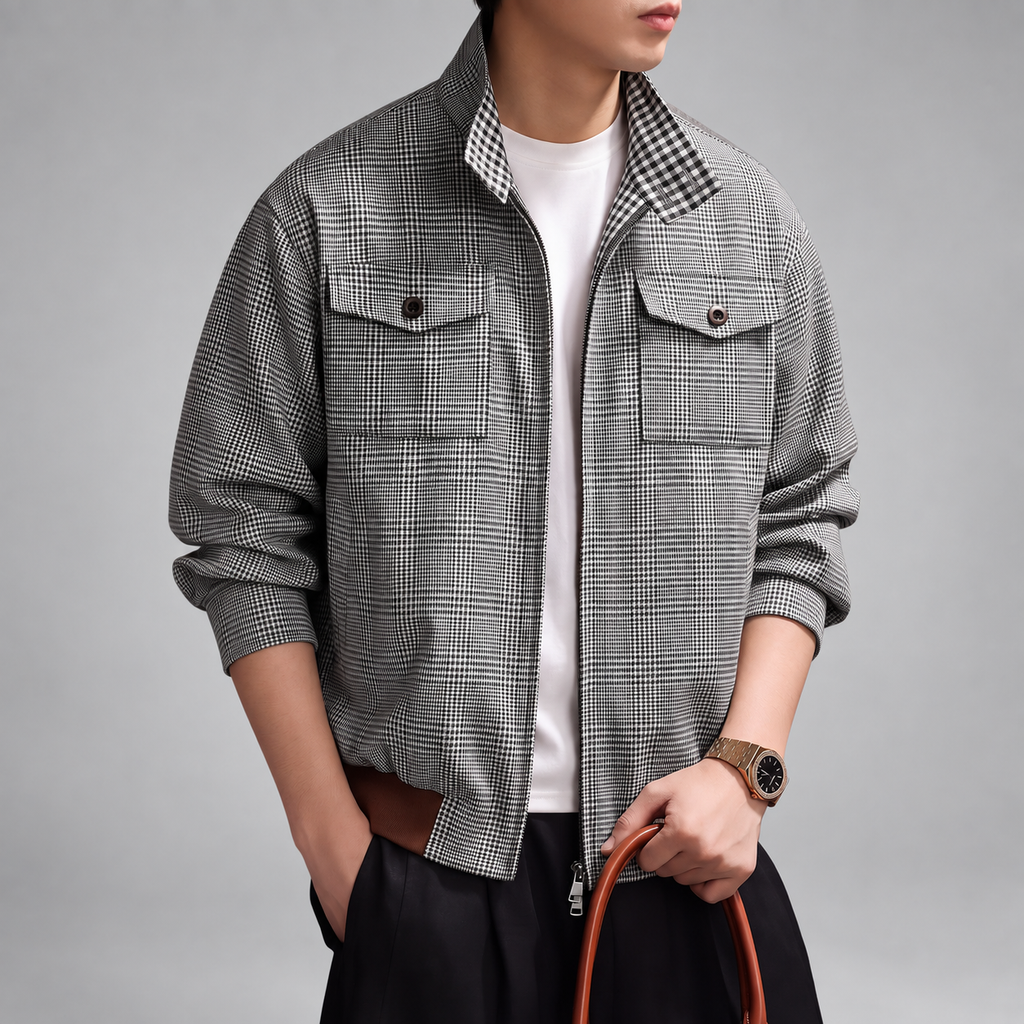 Clovis Men's Checkered Jacket with Stand Collar and Ribbed Hem