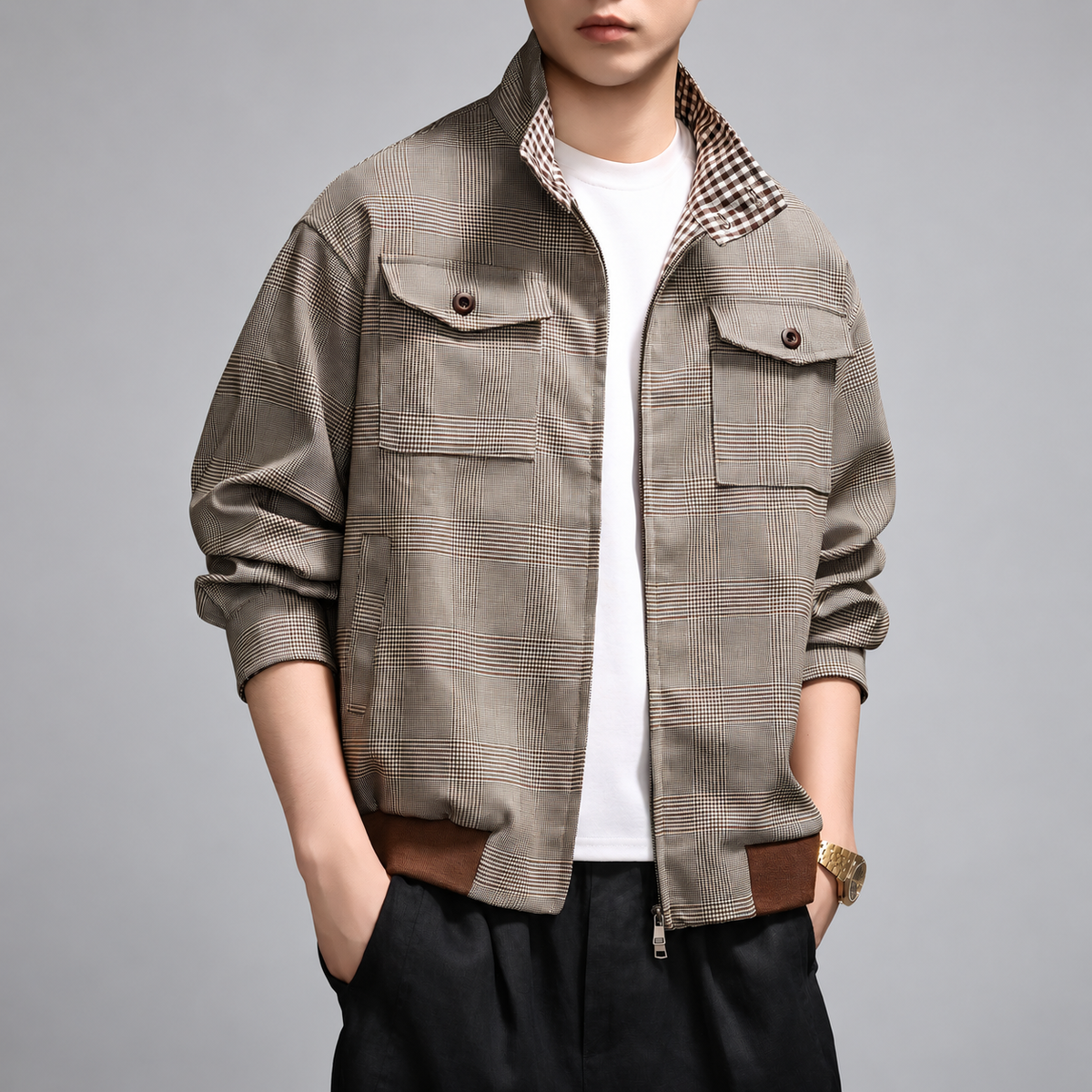 Clovis Men's Checkered Jacket with Stand Collar and Ribbed Hem