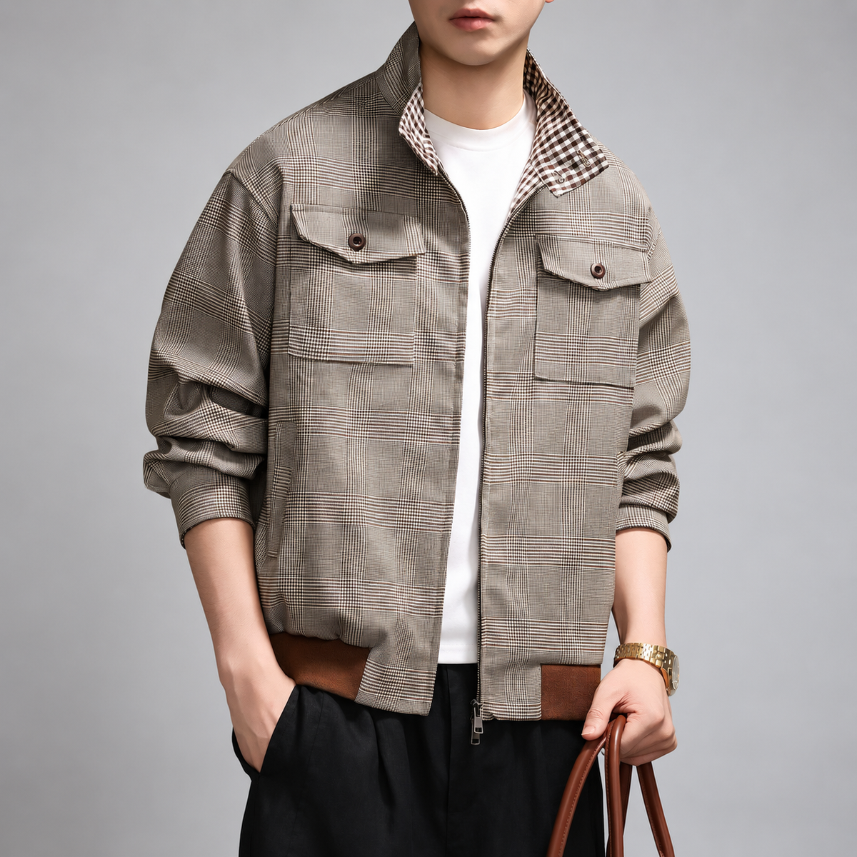 Clovis Men's Checkered Jacket with Stand Collar and Ribbed Hem
