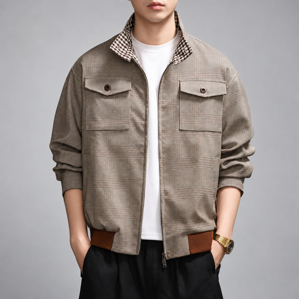 Clovis Men's Checkered Jacket with Stand Collar and Ribbed Hem