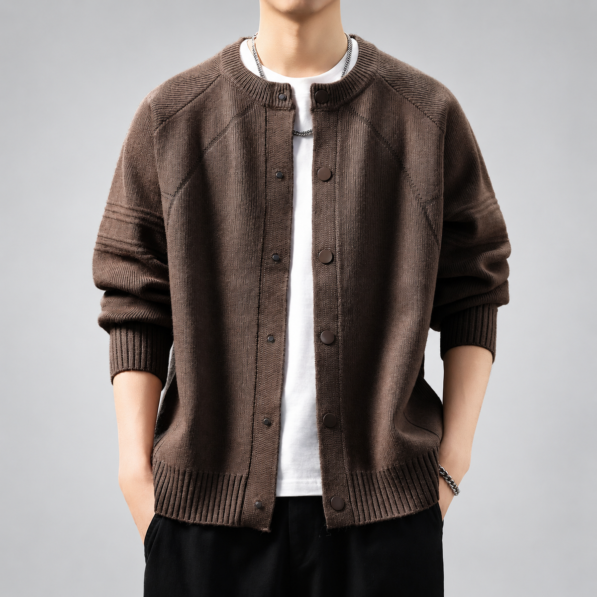 Anselmo Men's Snap-Front Knit Cardigan with Raglan Sleeves